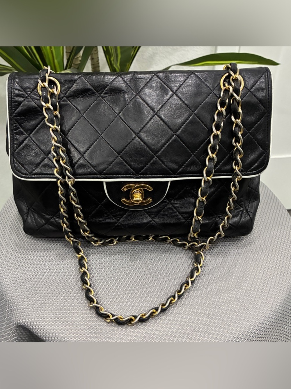 Chanel Quilted Black Leather Double Chain Shoulder Bag used -authentic